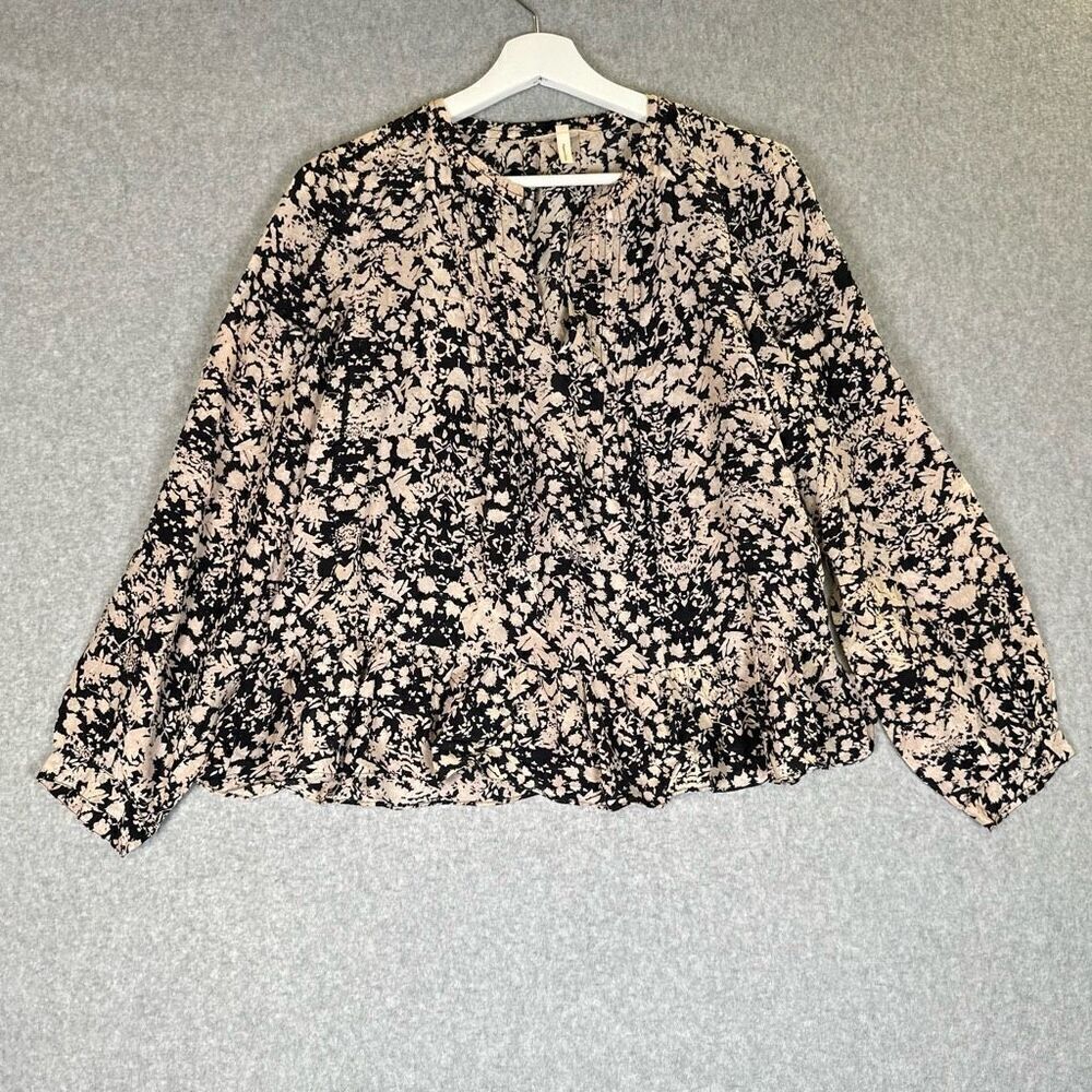 Rebecca Taylor silk blouse size 6 floral long sleeve black beige